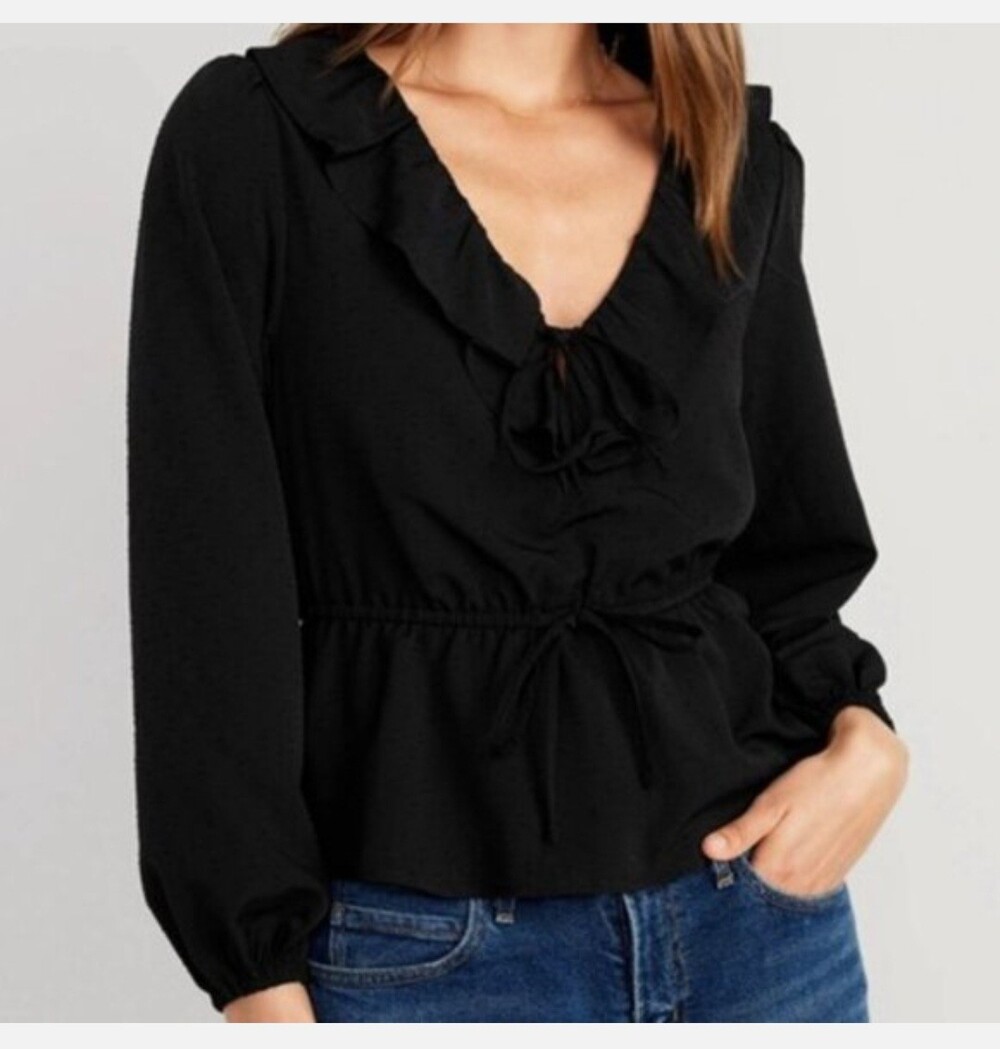 Old Navy Women's Waist-Defined Ruffle-Trim Clip-Dot Long Sleeve Blouse Black - M
